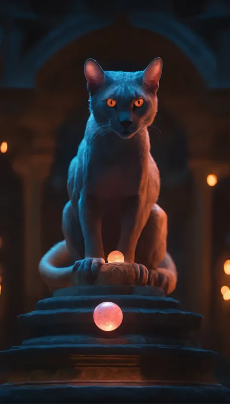 A creature with glowing orange eyes and pink ears stands on a stone pedestal, surrounded by glowing orange orbs. Its arms are outstretched, and it is holding two glowing blue balls. UHD, masterpiece, super detail, best quality, 16k, anatomically correct