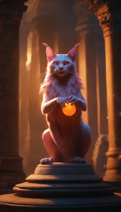 A creature with glowing orange eyes and pink ears stands on a stone pedestal, surrounded by glowing orange orbs. Its arms are outstretched, and it is holding two glowing blue balls. UHD, masterpiece, super detail, best quality, 16k, anatomically correct