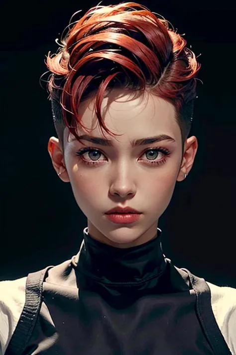 30 year old woman,(high top fade:1.3),dark theme, pleasant tone, calm colors, Red hair, high contrast, (natural skin texture, hyper realism, soft light, sharp),short hair that is long on one side