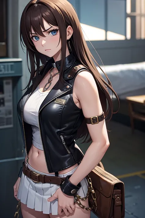 one Rebecca wearing punk clothes and chains, mature woman, long brown hair, blue eyes, large , disgusted look, [ 4 k digital art ]!!, seductive anime girl, deviantart artstation cgscosiety, trending on cgstation, 8k high quality detailed art, photorealisti...