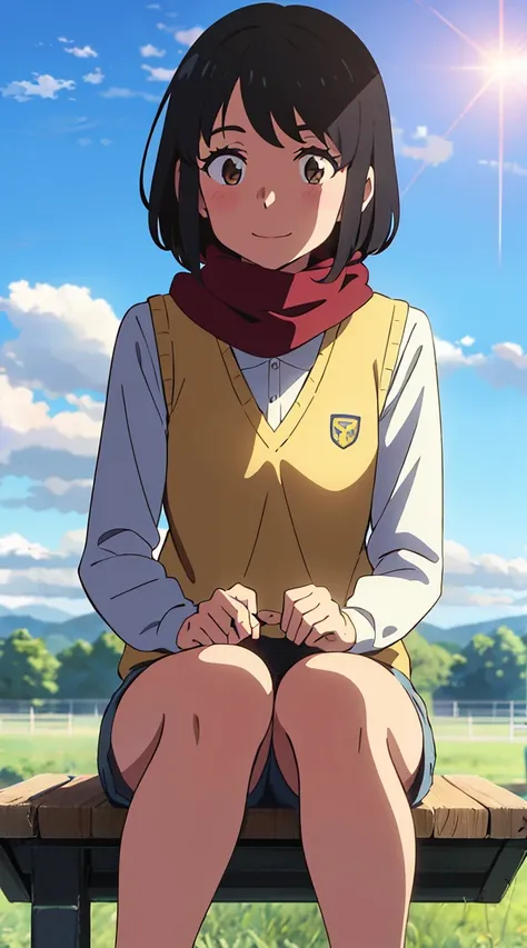 Xin Haicheng, Kimi no Nawa., 1 girl, Bangs, black hair, blue Sky, blush, bow, brown eyes, shiny skin, cloudy_Sky, Sunlight, collared shirt, scarf, looking at the audience, cowboy shooting, red bow, red scarf, red ribbon, ribbon, , shirt, short hair, Smile,...