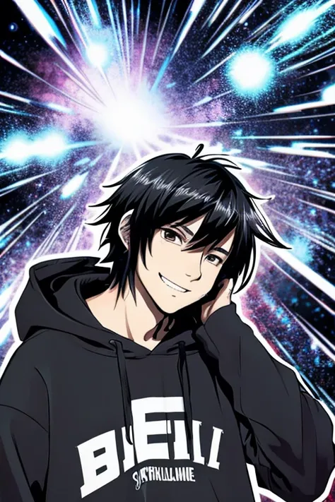 Created in manga style, Japanese man, black hair, short hair, hoodie, smile, background is Griyalis