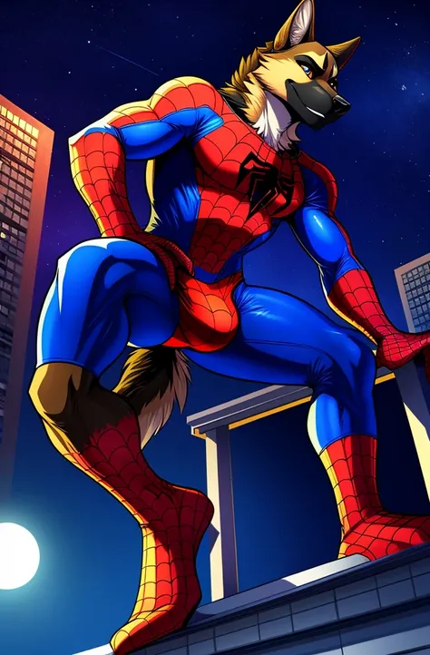 4k resolution a black and tan german shepherd wearing red and blue bodysuit spiderman spandex costume, detailed bulge, by krazykurt, at a rooftop