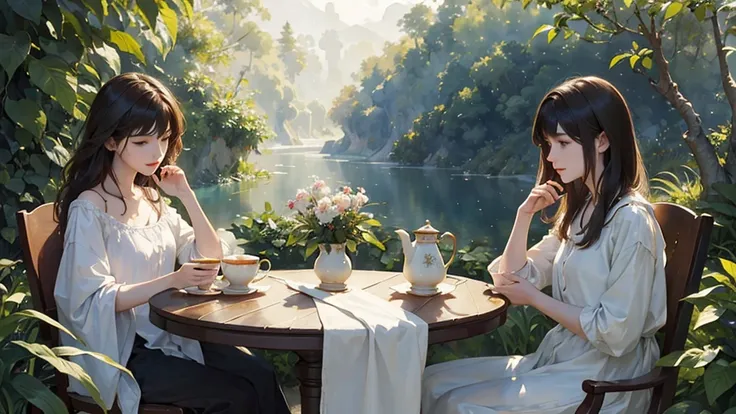 ((Watercolor by singer Sargent))、(highest quality、masterpiece)、delicate, In coffee, tea set、 plant, table,  Two girls drinking coffee,Semi-long hair and short-cut hair、One person is standing、Sea、soft sunlight、