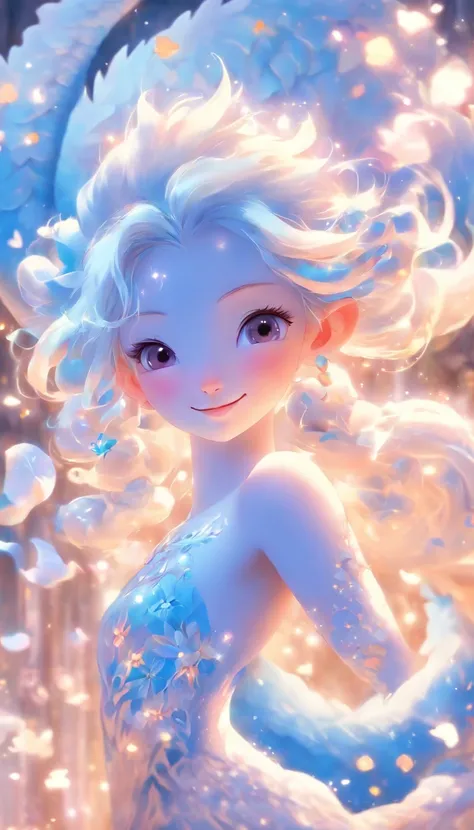 Draw a Q version of the white-haired fairy zodiac animal in a blue and white dragon suitHair color and hairstyle: the fairy has white hair and may show a soft wavy or slightly curly style, giving people a sense of lightness and elegance.Facial features: Q ...