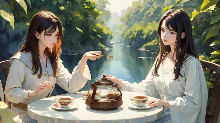 ((Watercolor by singer Sargent))、(highest quality、masterpiece)、delicate, In coffee, tea set、 plant, table,  Two girls drinking coffee,Semi-long hair and short-cut hair、One person is standing、Sea、soft sunlight、