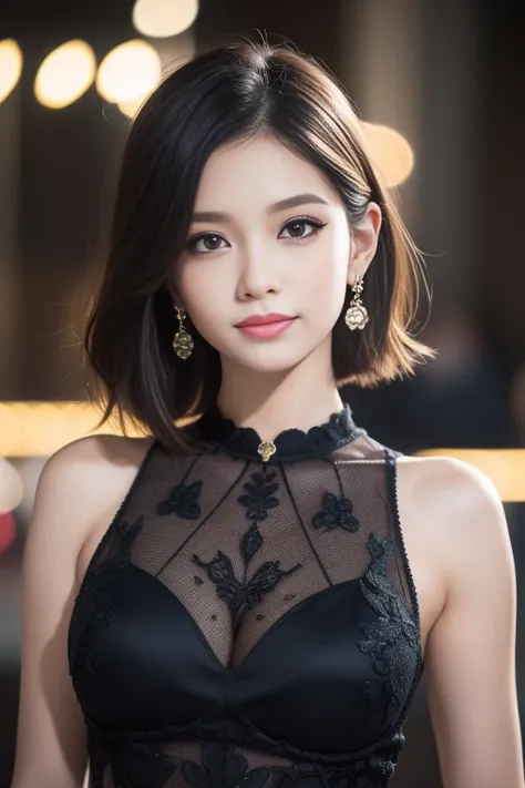 female idol、shiny lip gloss、smiling face、smoky eyeshadow、winged eyeliner、((dramatic lashes))、full body portrait、female silk dress（gold)、multicolor short hair、conceptual art, High quality, Realistic, extremely detailed CG unified 8k wallpaper, highly detail...