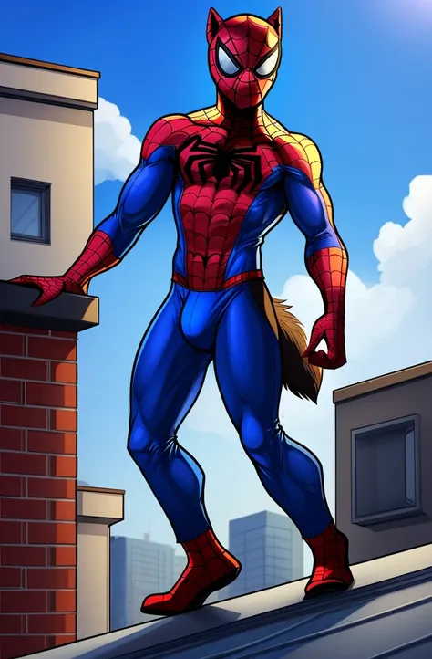 4k resolution a black and tan german shepherd wearing red and blue bodysuit spiderman spandex costume, and taking off his spidey mask and reveal his face, detailed bulge, by krazykurt, at a rooftop