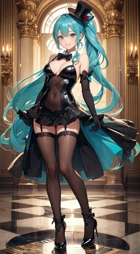 ultra detailed, Hatsune Miku, (((MIRACLE PAINT))), photorealistic, cinematic lighting, (seductive anime girl), beautiful style, fair skin, beautiful charming anime woman, masterpiece portrait, smile, shining blue eyes, magicians outfit, ((Blue-green long h...