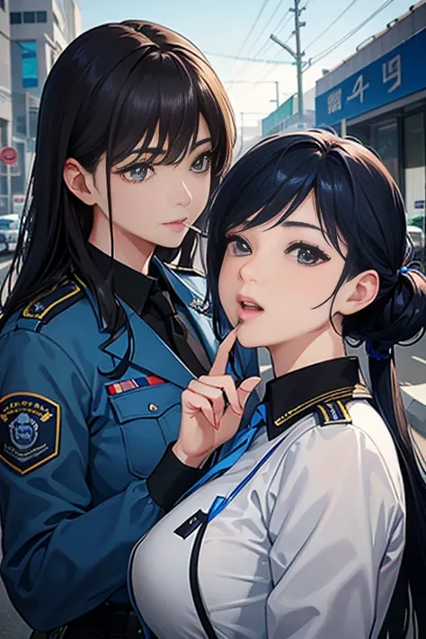 photoRealstic、hight resolution、Beautiful Female Police Officer、Smoking cigarettes、Blue Uniform（police officers）、police station、burst into laughter、close your eyes and laugh、A dark-haired、Fine-textured skin、Darker makeup、eye make up、Light brown eyes