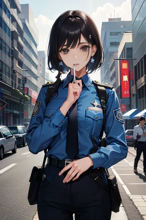 photoRealstic、hight resolution、Beautiful Female Police Officer、Smoking cigarettes、Blue Uniform（police officers）、police station、burst into laughter、close your eyes and laugh、A dark-haired、Fine-textured skin、Darker makeup、eye make up、Light brown eyes