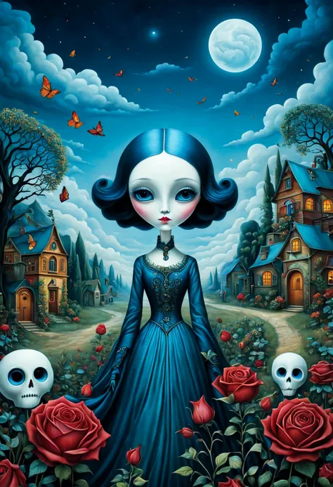 benjamin lacombe, Anne Sultan, Andy Keeho, Kincaid and Kandinsky, Ghost town full of ghosts, beautiful eyes, Magical land, night, rose and wildflower garden, high detail, Complicated, beautiful sky, Volumetric light, 8k, Mute Color, Vibrant triadic colors,...