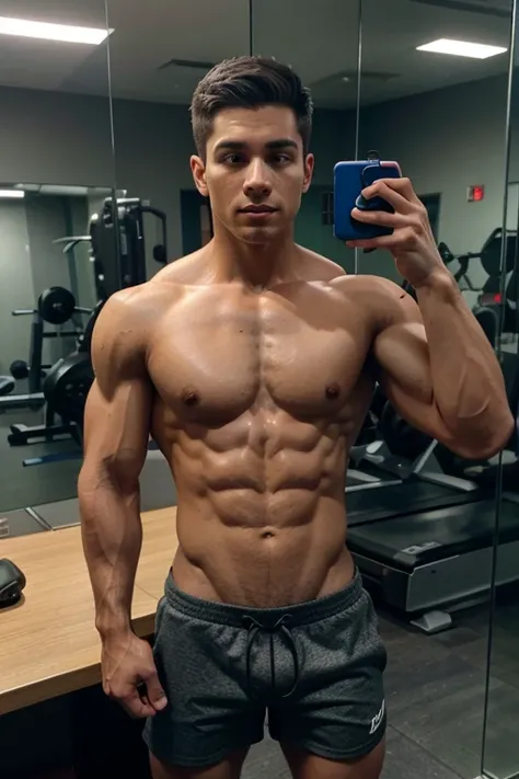 a boy using a bodybuilding machine in a gym, capturing a real image with his phone (Samsung S22 Ultra) in the mirror. The boy has six packs and weighs 65 kg. There is another person present in the image, and the boy has a toned physique without being overl...