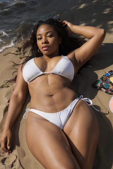 African american female laying on beach with bathing suit, thick build with big round but