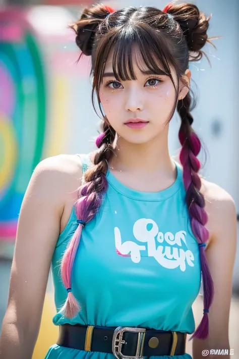 colorful pigtails,anime ,))),beautiful girl, hyper detail, eye, adult, drops of paint, 絵の具のtears, woman made of paint, paint all over, splash of water, splash of water, long colored hair, paint bulbs, drops of paint, exposed shoulders, tears, I can see you...