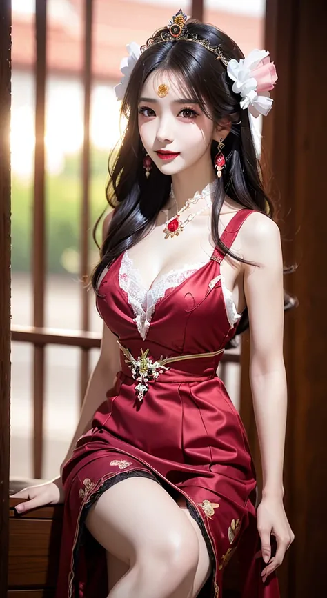 1 young empress wearing red lace top, deep-breasted nightgown, Chinese-style clothes, ancient costumes with many phoenix patterns, flawless white and pink face, crown on her head, black hair hip length, very beautiful and sharp brown eyes, small red lips, ...