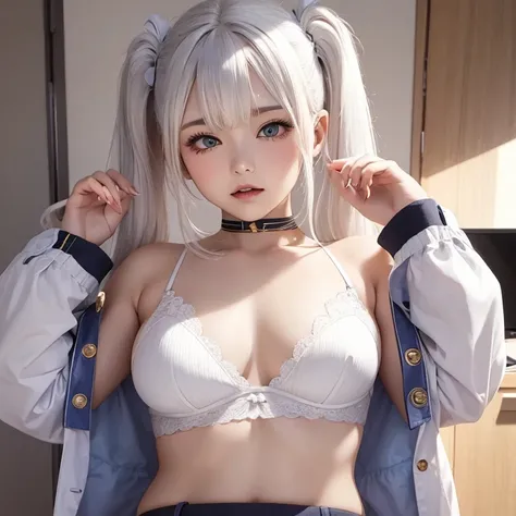 White hair, twintails, underwear, small breasts, uniform 