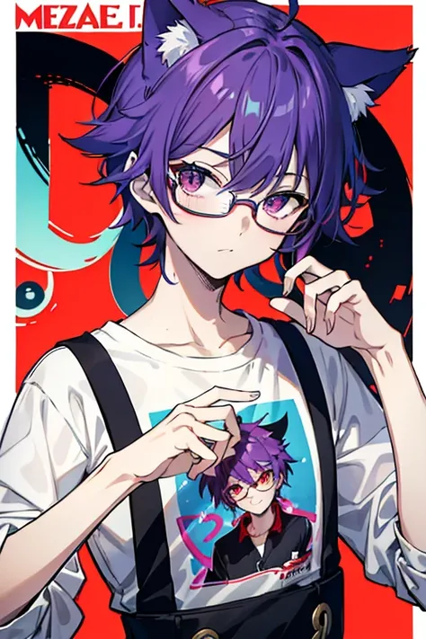 Anime-style illustration of a boy with distinctive purple cat-like hair and glassy purple eyes. He wears a red thies shirt, giving him a mischievous and cool appearance. The background is minimalistic and dreamlike, adding to the overall quirky and playful...