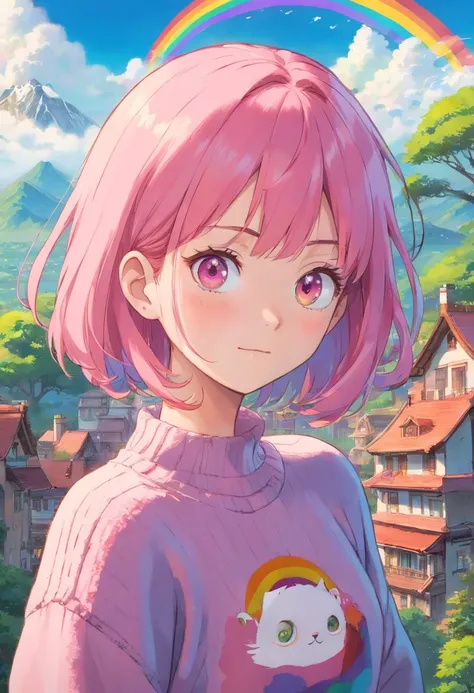 short pink hair,pink eyes,rainbow sweater.