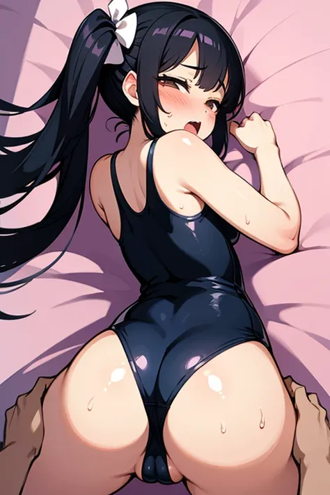 lie,(((on stomach))), masterpiece,focus ass,face down,ass up,1girl,nsfw ,testicles,black hair,brown eyes,,one-piece swimsuit,in bedroom,school swimsuit,twin tail,flat creast,blush, half-closed eyes,rolling eye,blush,sweat,heavy breathing,ahegao