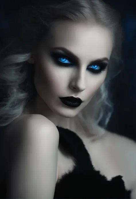 ((masterpiece)), surreal, Portrait of a beautiful white-skinned vampire (Black enamel), dark makeup, bright blue eyes, in a dark and gloomy environment. (Prompt in Portuguese)，nude