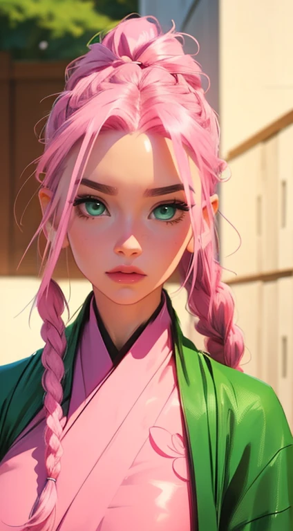 young woman, porcelain skin, bubblegum pink hair, braids, wide forehead, thin pink eyebrows, emerald green eyes, long eyelashes, upturned nose, big thick pink lips, big emerald green eyes, pink kimono, Sakura Haruno, 3d, realism, well detailed, black glove...