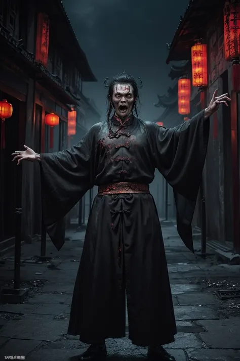 a terrifying qing dynasty man zombie stands at the center with arms stretched out at a 90-degree angle, stare forward fiercely. ...