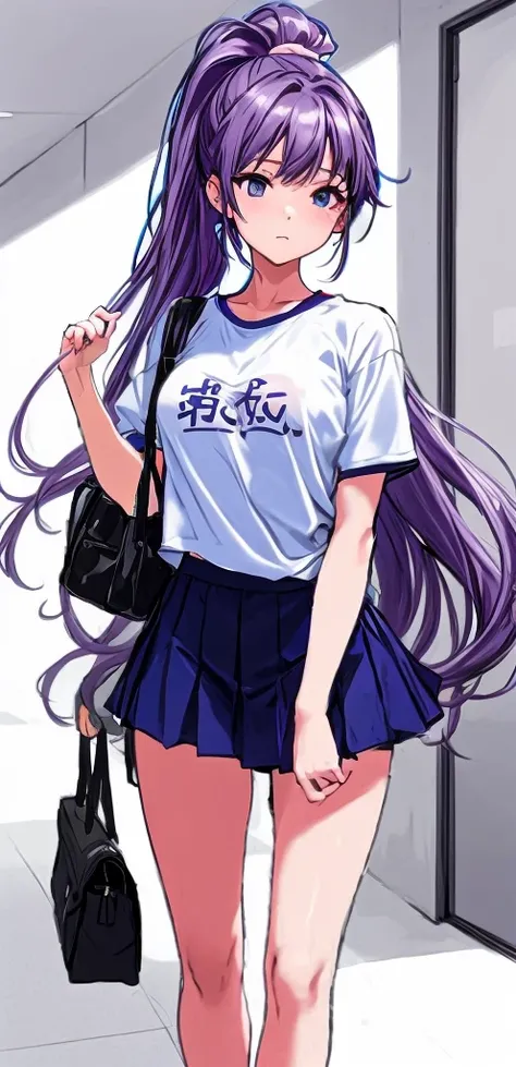 A beautiful girl with a crisp face and long hair tied in a mauve-purple ponytail with a light pink ribbon is standing in the school hallway wearing a white gym uniform on top and navy blue bloomers shaped like panties on the bottom.。