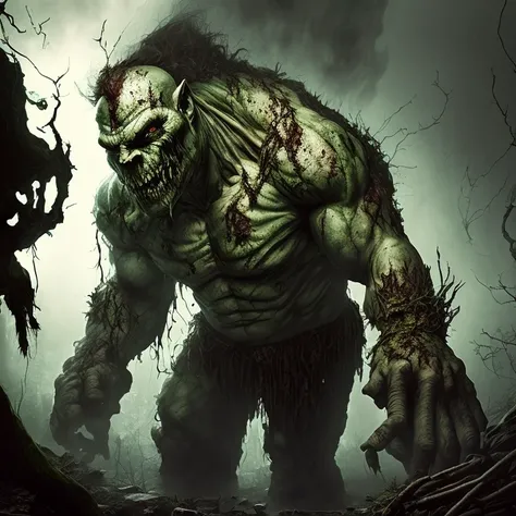 a monster,(((pale white skin))),solo,hunchback troll,zombie,zombie hulk,tattered clothes, dead rotting skin on the face, muddy hair, detailed rotting peeling dead skin,water corpse, blind, huge arms,huge hands,huge claws,stoop like a carnivores,small face,...