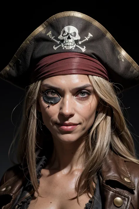 Professional portrait, man, old pirate, thin face, eye patch, wrinkled face, one-eyed, scar on face, evil smile, rotten teeth, tanned skin, old pirate hat, black background, eye contact, looking at viewer, masterpiece, best  quality, perfect detail, perfec...