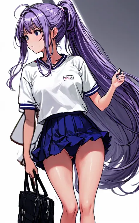 A beautiful girl with a crisp face and long hair tied in a mauve-purple ponytail with a light pink ribbon is standing in the school hallway wearing a white gym uniform on top and navy blue bloomers shaped like panties on the bottom.。