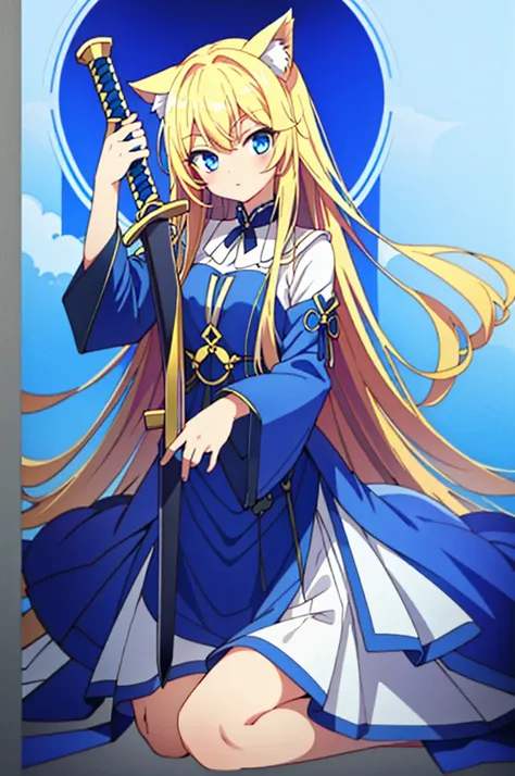 blue eyes、blonde、Cat ear、low length、sitting pose、pose of holding up a sword