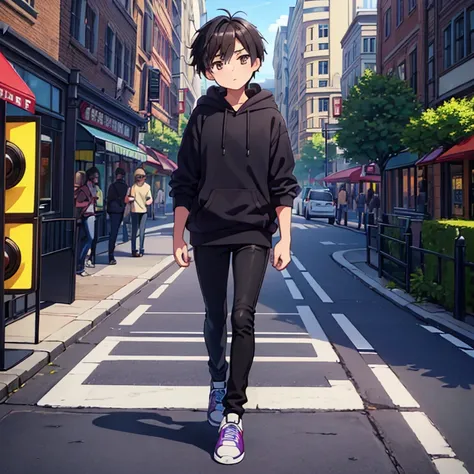 Masterpiece, high quality. A boy with brown eyes, and black hair. Stand on the street, wearing a purple hoodie, black skinny jeans, and sneakers shoes. Place (paving block, traffic light, shops)