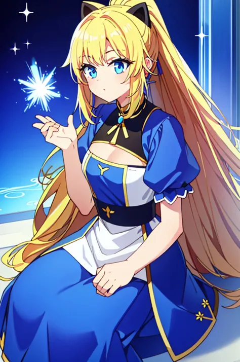 blue eyes、blonde、Cat ear、low length、sitting pose、ponytail、A girl holding up a sparkling jewel with both hands