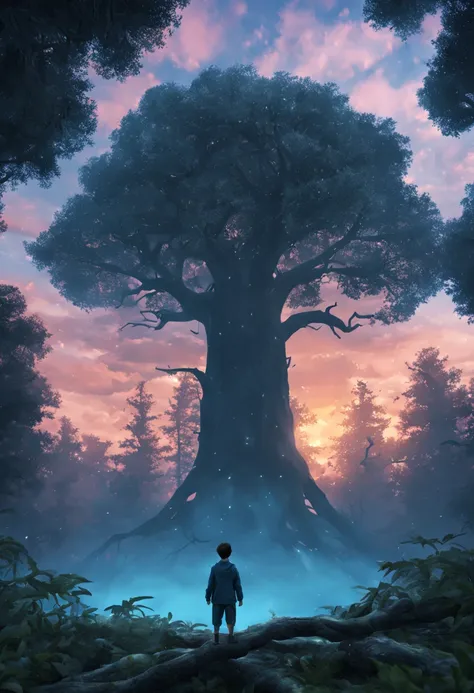 Masterpiece, best quality at best. A look at the sky above many trees. A huge tree, very big, giant tree. (The boy is wearing blue pajamas), The sky full of clear clouds with a beautiful sunset. many stars in the sky. A fantastic and beautiful sky. Inverte...