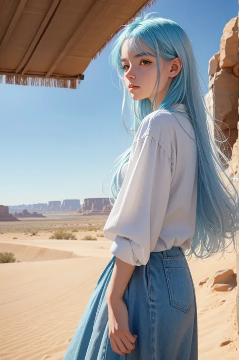 beautifully drawn, high quality, Super detailed CG illustration of a girl with a calm expression, Staring into the distance with light blue hair gently swaying in the desert breeze. The view behind him is vast and breathtaking, Draw viewers into a world of...