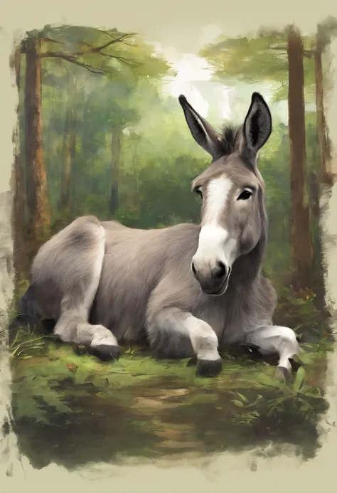 An animated donkey lying down in the forest facing the camera