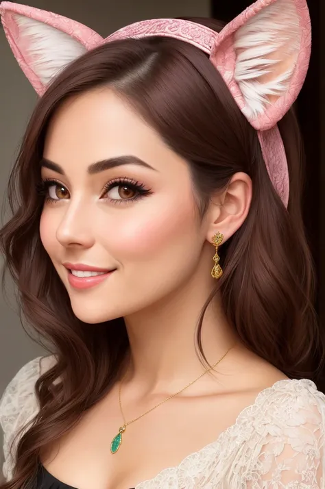 Photo of a beautiful European woman in her late twenties, with long, luscious eyelashes and a light smile playing on her lips. Her cheeks boast an adorable ear blush, and she sports fake animal ears for a whimsical touch. A subtle fang peeks out in a playf...