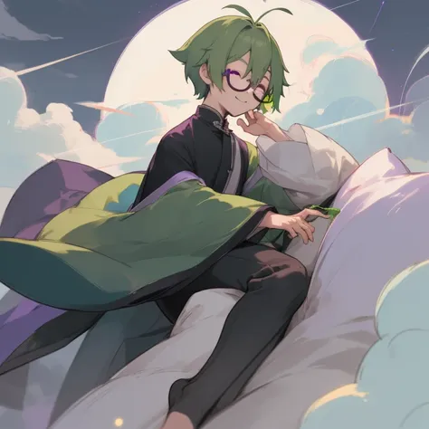 Shota boy,green hair,short hair,wearing a black circle glasses,two green antenna,purple eyes,cute,white skin,innocent,smiling,shy,night in shanghai,fullbody,in the night sky with clouds and moon,sleeping,lying