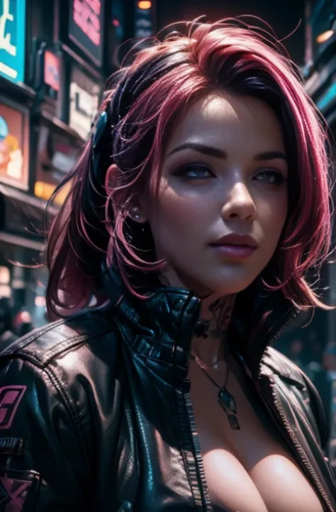 [nudity, explicit] nsfw , closeup portrait of a cute chubby face girl leaning on wall, futuristic streets of cyberpunk at night wearing tight black bikini and (baggy jacket:1.2), 1girl, pink sclera, smirk, curvy figure (red pupils0.9), cyborgunder, tattoo,...