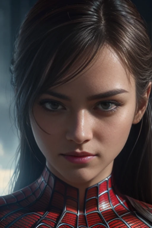 Closeup photo portrait of female Spiderman, atmospheric scene, masterpiece, best quality, (detailed beautiful face, detail skin texture, ultra-detailed body:1.1),