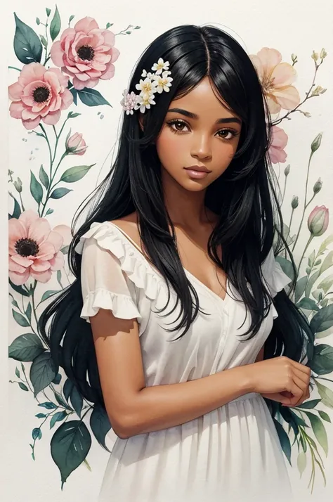 black woman, straight black hair, with flowers, in watercolor for womens day, delicate drawing, with soft colors.