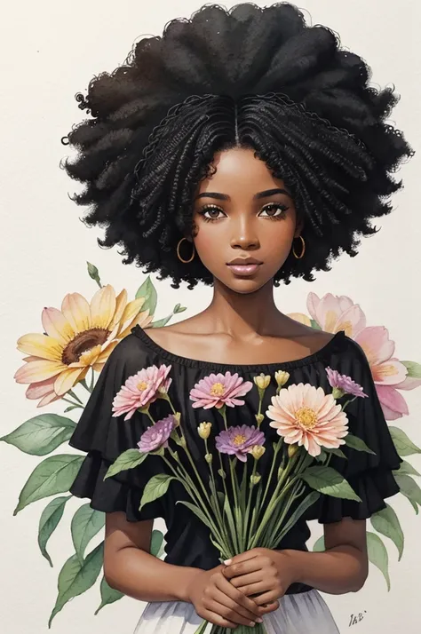 black woman, straight afro black hair, with flowers, in watercolor for womens day, delicate drawing, with soft colors.