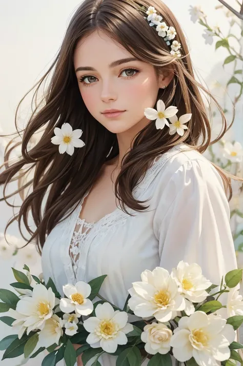 white woman, straight brown hair, with flowers, in watercolor for womens day, delicate drawing, with soft colors.