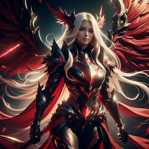 top-quality, ​masterpiece , Realistic details, Realistic light, neon details, cosmic

full body portrait, long sexy lady, 

1 Girl, 

red and black tech sexy suit armor, 
pantyhose, 

beautiful shining real face, 

long white hair, floating windy hair, 

f...