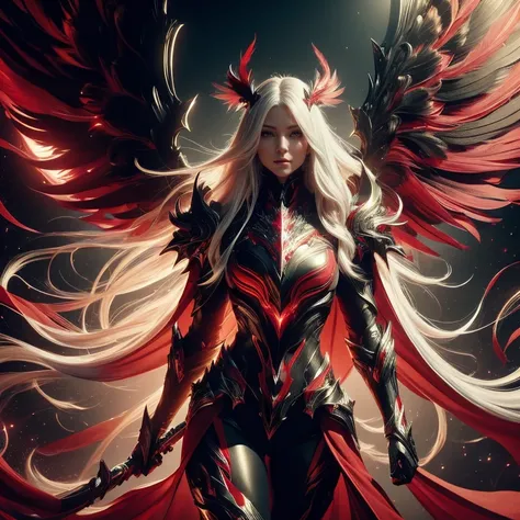 top-quality, ​masterpiece , Realistic details, Realistic light, neon details, cosmic

full body portrait, long sexy lady, 

1 Girl, 

red and black tech sexy suit armor, 
pantyhose, 

beautiful shining real face, 

long white hair, floating windy hair, 

f...