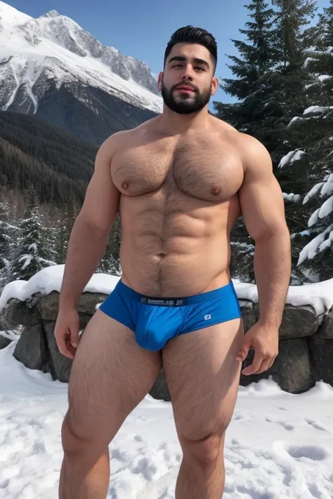 Shirtless man standing in front of a snowy mountain, Chubby body, hairy(stocky), Super buff y cool, pecho peludo y cuerpo peludo, pecho peludo, Pelo en el pecho, 30 years old man, inspirado en Maluma, blue underwear