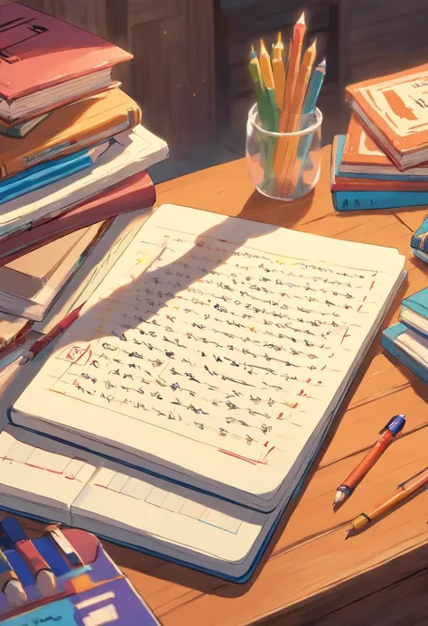 A close-up image showcasing a student’s hand writing notes in a notebook, with colorful textbooks and study materials spread out on a desk, representing the process of active learning and the organization of knowledge