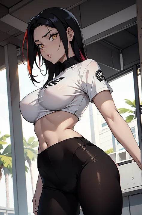 ((multicolored hair, black hair, white hair)), 1 girl, two-tone hair, black on top, white on bottom 1 gilr, ,perfect anatomy girl muscular girl toned body girl large breasts girl thick girl angry girl best quality girl black hair girl yellow eyes girl pale...