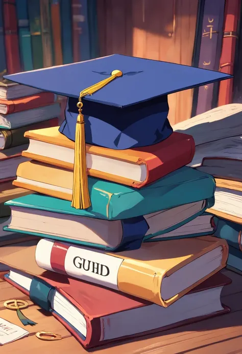 A close-up image showcasing a graduation cap placed on top of a pile of books, symbolizing the culmination of education and the acquisition of knowledge, representing the concept of lifelong learning